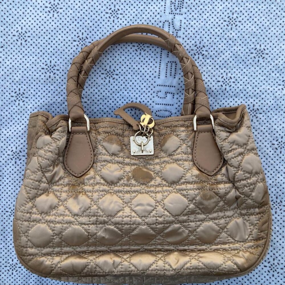 Christian Dior Women Metallic Brown Quilted Cannage Bag Lady Dior Tote Handbag - Picture 1 of 13
